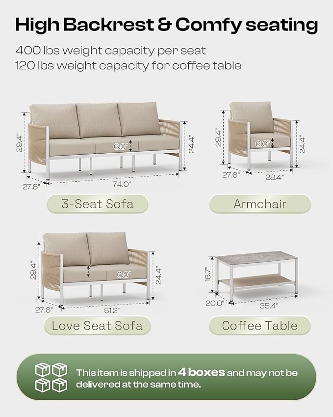Aluminum Outdoor Patio Furniture Set with Dual-Layer Coffee Table, 5 Piece Modern Patio Conversation Sets with PE Rope, Outdoor Sectional Sofa with Thick Cushions for Balcony, Deck, Beige