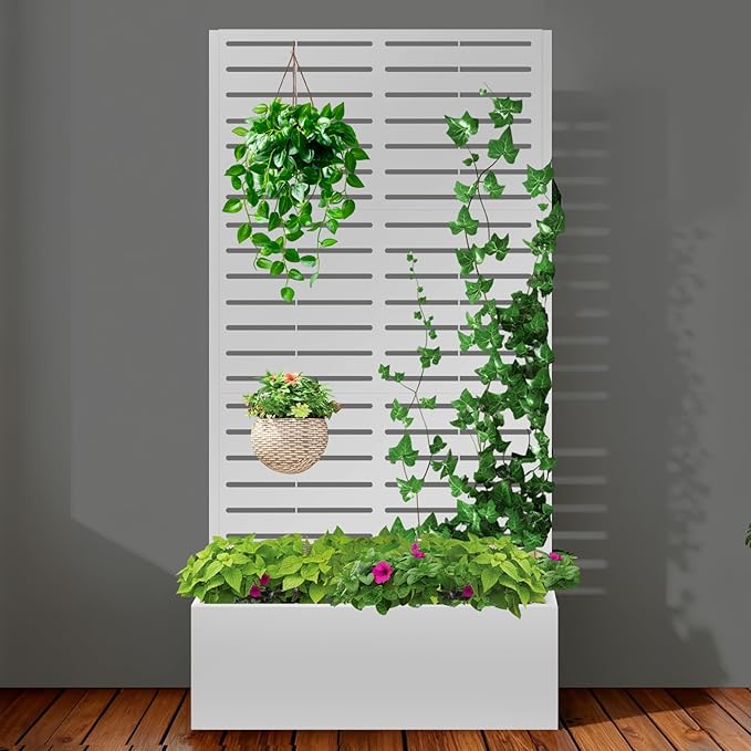 Metal Raised Garden Bed with Trellis,Planter Box for Climbing Plants, Vegetables & Vines, Features Drainage Holes and Privacy Screen.raised garden beds outdoor planters for porch (Black, 71"x35"x16")