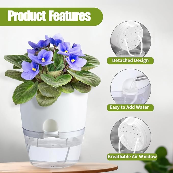 6 Inch Self Watering Plastic Plant Pots for Indoor Plants - 3 Pack White Orchid Planters with Wick Ropes & Drainage Holes, Modern Decorative Garden Pots with Water Reservoir