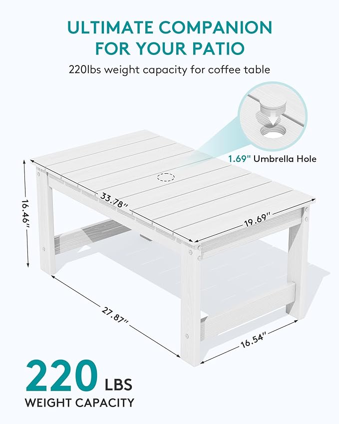 SERWALL Outdoor Coffee Table with 9FT Umbrella, HDPE Patio Coffee Table for Outside, Rectangle, White(Not Include Umbrella Base)