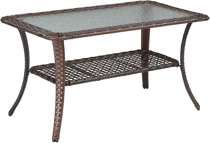 VINGLI Outdoor Coffee Table with Storage Wicker Patio Coffee Table, Tempered Glass Top Coffee Table for Patio Outside Balcony Porch Deck (Brown)
