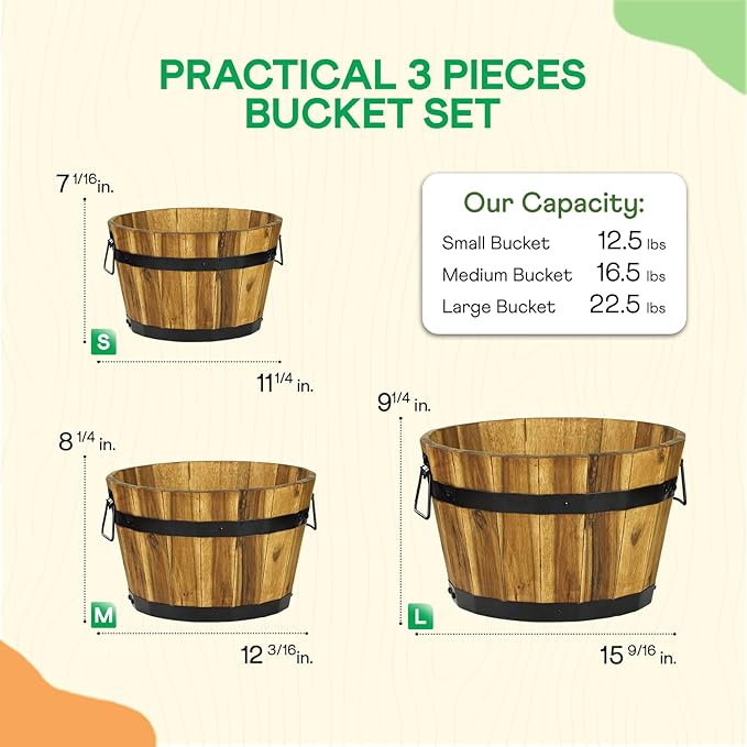 Idzo Set of 3 Wooden Flower Planters for Outdoor Plants, Acacia Wood Barrel Planters, Ergonomic Handles, Drainage Holes, Various Sizes, Golden Teak