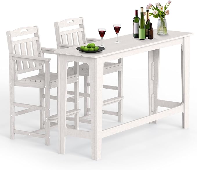 Ciokea 3 Pcs Outdoor Bar Height Table Set, 60" Extra Long Rectangle High Top Table and 2 Oversized Adirondack Chairs Set, Heavy-Duty All-Weather HDPE Patio Bar Set for Backyard Balcony Deck, White