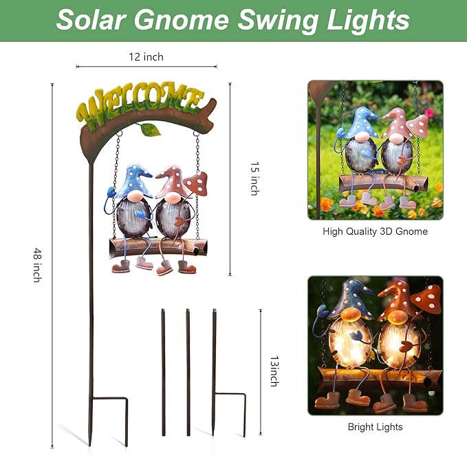 HONGLAND Gnomes Garden Decor Solar Lights, 48 Inch Welcome Sign Swing Yard Decorations Outdoor Decorative Stake for Lawn Porch Backyard Patio, Gnome Gardening Gifts for Women Mom
