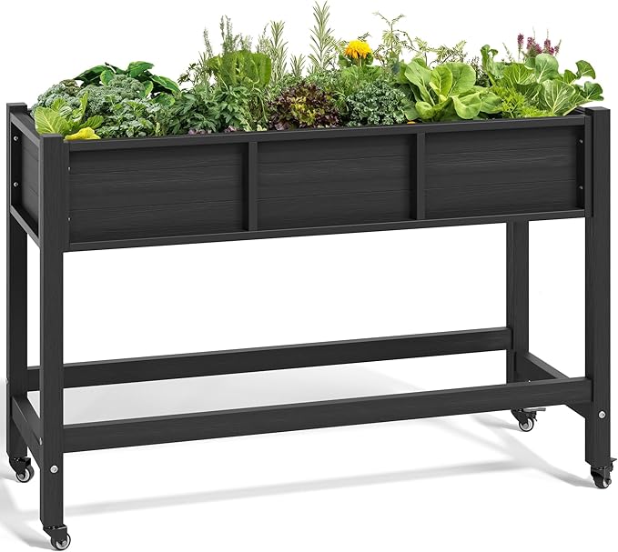YITAHOME Raised Garden Bed HDPE, 47x18x31 in Raised Planter Box with Legs Poly-Wood Weather-Resistant Elevated Planter Box with Lockable Wheels for Vegetables, Herb Garden Bed, Black