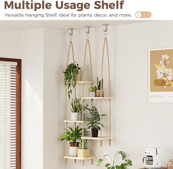 Bamworld Hanging Shelves Plant Hanger Indoor Window Plant Shelves Wood Plant Wall Shelf Window Sill Plant Shelf Indoor Hanging Plant Stand Living Room Decor Garden Boho Decor