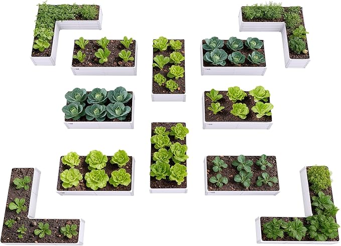 A ANLEOLIFE Set of 12, 18 Inch Tall Raised Garden Beds Kit, Rectangular & L-Shaped Combo Metal Planters – Ideal for Backyard DIY Creative Layouts, Antique White