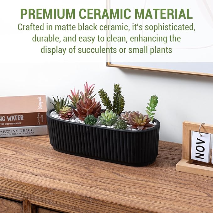 MyGift 12 Inch Ceramic Succulent Planter, Oval Matte Black Planter Pot with Drainage Holes, Indoor Plants Flower Herb Garden Pot Window Box