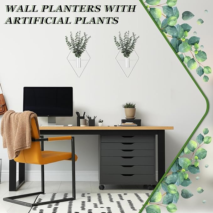 Jexine 4 Pcs Hanging Planters with Artificial Eucalyptus Metal Hanging Vase Indoor Plants Holder Modern Geometric Boho Bathroom Wall Decor for Living Room Home Office (Eucalyptus,White)