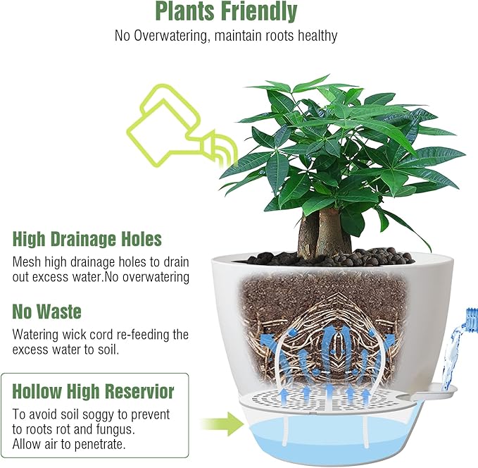 12inch 2Pack Large Self Watering Planters, Plastic Plant Pots with 60oZ Removable Deep Reservoir and Multi Mesh Drainage Holes for Indoor Outdoor Garden Plants and Flowers, White
