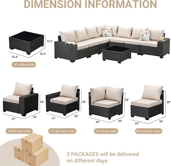 Jing's Villa 8-Piece Patio Furniture Set, All-Weather Outdoor Wicker Sectional Sofa with Cushions, Glass Table & Left and Right Armrest, Rattan Conversation Seating for Porch, Garden, Backyard,Beige