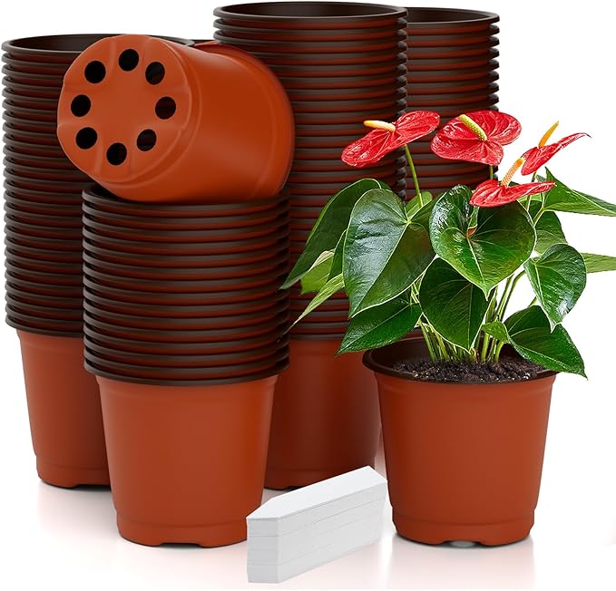 Nursery Pots 100 PCS 6 Inch Plant Pots with 100 Labels, Planting Pot for Plants Indoor Outdoor, Plastic Flower Pot for Seedlings Transplanting Small Plants Growing