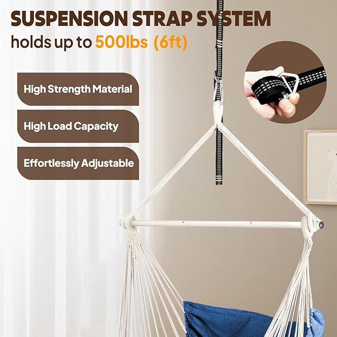 Chihee Hammock Chair Hanging Swing Max 500 Lbs 2 Cushions Included Metal Spreader Bar with Anti-Slip Grooves Portable Hanging Chair Side Pocket Large Macrame Bohemian Chair Indoor Outdoor