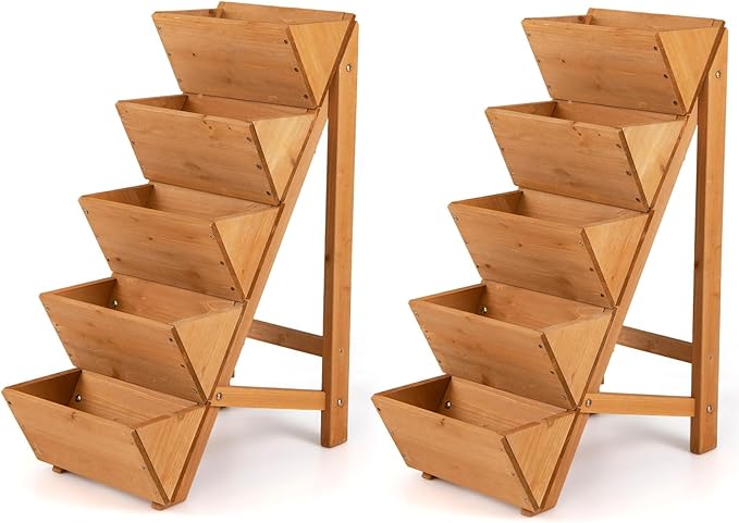 Giantex 5-Tier Wooden Vertical Raised Garden Bed Set of 2, Freestanding Plant Stand with Legs for Herbs Vegetables Fruits, Indoor Outdoor Tiered Wood Planter Box Flower Rack for Patio, Balcony & Yard