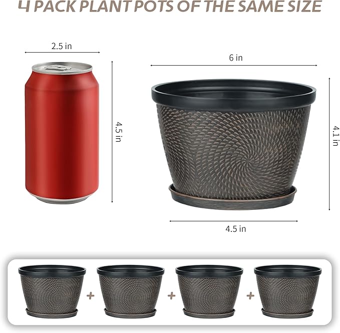 Quarut 4 Pack 6 Inch Flower Pots for Outdoor Indoor, Plastic Plant Pots with Drainage Hole & Saucer, Lightweight Small Flower Pot, Circle Pattern Planters for Garden House planters（Brown）