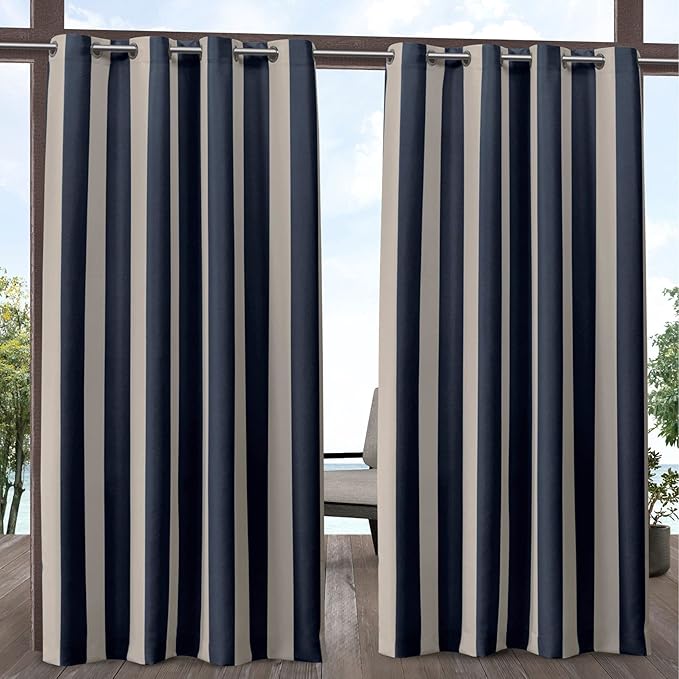 Exclusive Home Canopy Stripe Indoor/Outdoor Grommet Top Curtain Panel, 54"x96", Navy / Sand, Set of 2