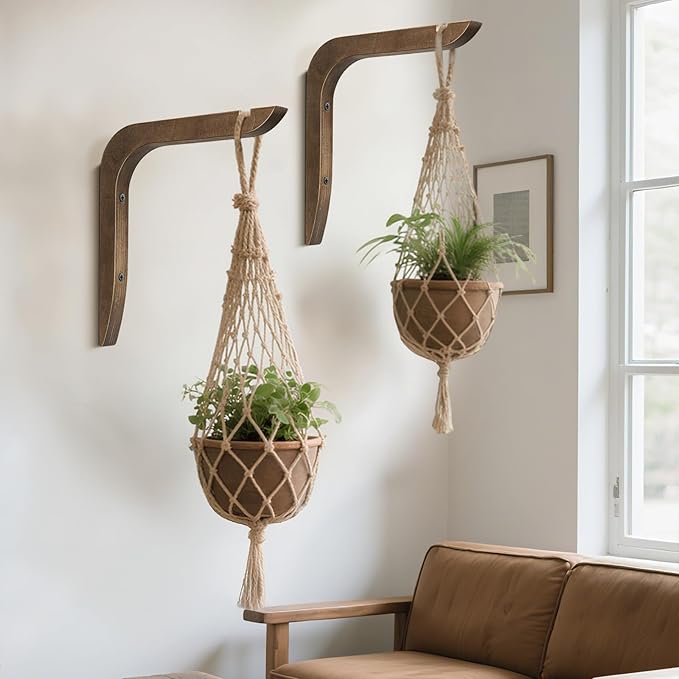 USION Wooden Plant Hangers Indoor Wall Mount, 8.6-Inch Hanging Plant Hooks for Wall, Basket Hooks for Lanterns, Flower Bracket, Wind Chimes, Light, Bird Feeders Decoration (Brown 4PCS)