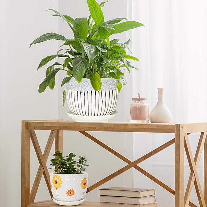 Ceramic Plant Pots Set of 3, 6.75/5.6/4.2 inch Planters with Drainage Holes and Saucer, Flower Pot Outdoor Indoor, Modern Decorative Planters for House Plants Garden Planters Succulent Pots