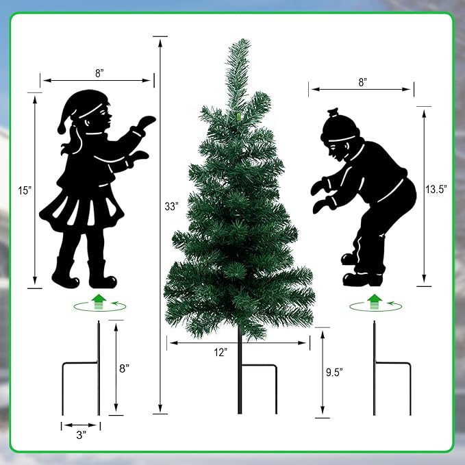 Solar Outdoor Christmas Tree,3 Pack Christmas Outdoor Decorations with Boy and Girl Garden Stakes,Color Changing LED Lights,Waterproof Xmas for Yard,Lawn,Pathway