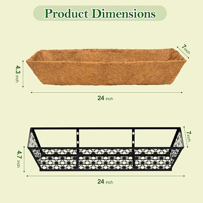 SPECILITE 24" Window Boxes Planters, Heavy Duty Metal Railing Planter Boxes, Adjustable Balcony Planters for Railing Hanging, with Coco Liner & Tool Set for Deck, Porch, and Patio Gardening (6 Pack)