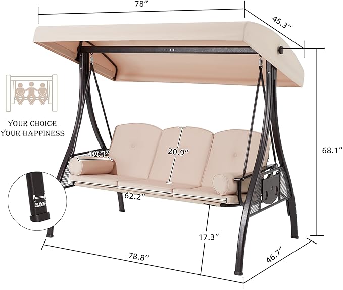 HOMREST 3 Seat Outdoor Porch Swing with 1.5" Deepened Cup Holder, Adjustable Canopy, Patio Swing Bed with Stand, Patio Glider Swing with Thicken Cushions, Pillow for Yard, Garden(Khaki)