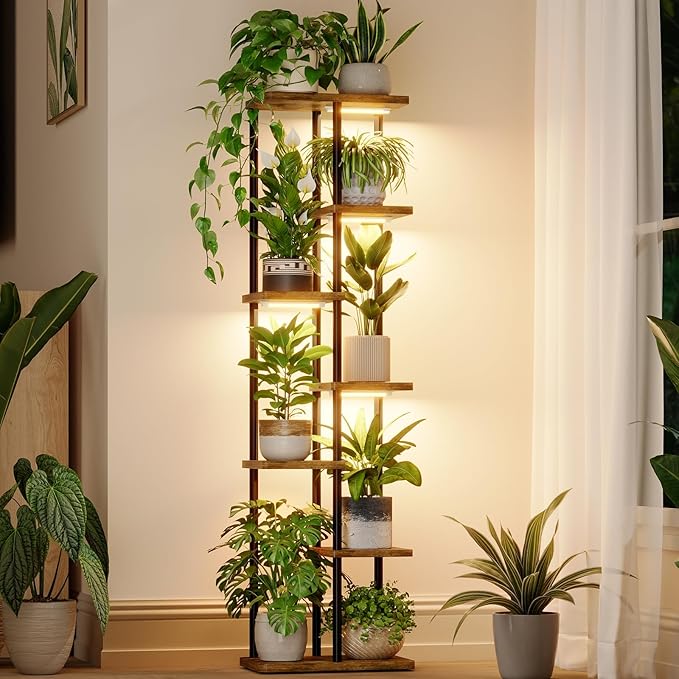Bamworld Plant Stand with Grow Light for Indoor Plants Corner 7 Tier Metal Plant Shelf Wood Flower Stand for Home Living Room Decor Patio Decor