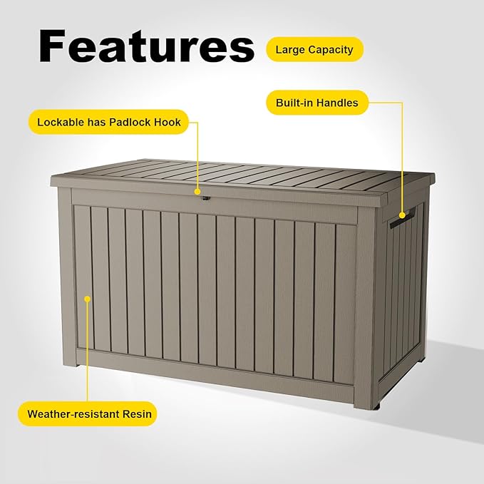 ROJIK Outdoor Storage Housing Deck Box,Waterproof Patio Furniture, Garden Tools,Cushions,Pool Accessories Storage Bench with Lockable Lid and Side Handles (Grey,280 Gal)