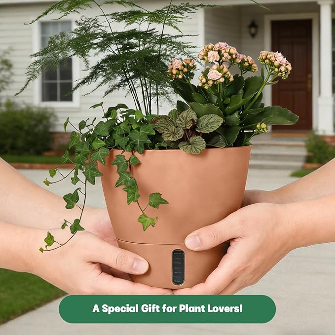Self-Watering Hanging Planters for Indoor Plants Set 2-Piece Includes Plant Hanging Pot, Drainage-Hole Hanging Pot, and Hanging Basket Rack (Terracotta,10 Inches)