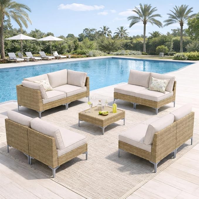 9-Piece Patio Furniture Set, Outdoor Wicker Sectional Sofa with Coffee Table, Anti-Slip & Thick All-Weather Cushions for Sunroom,Garden,Backyard, Beige