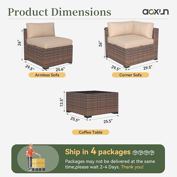 Aoxun 14 Piece Patio Furniture Set Wicker Rattan Patio Conversation Set Outdoor Sectional Sofa Set with Coffee Table and Thickened Cushions, Beige(Waterproof Cover Included)