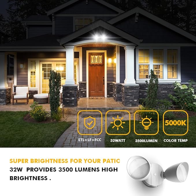 LUTEC 6222W 3500 Lumen 32 Watt 28 LED Dual-Head Floodlight Outdoor, Full Metal Design, Waterproof Exterior Security Wall Light for Patio, Garden, Yard-White