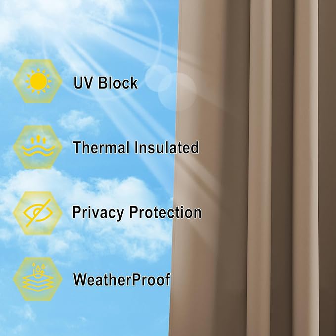 NICETOWN Porch Curtainss Outdoor Waterproof for Patio Set of 2, Self-Stick Tab Top Blackout Indoor Outdoor Dividers Vertical Blinds Keep Privacy for Pergola/Patio, W52 by L84 inches, Tan