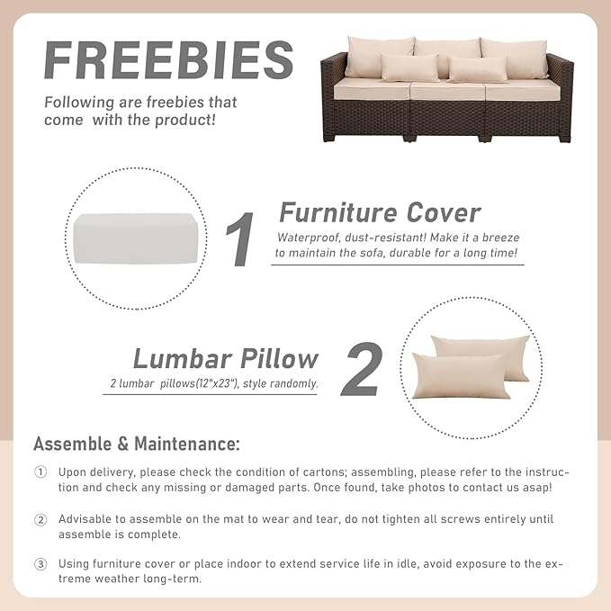 Outdoor Furniture Couch 3 Seater Sofa Outdoor Brown Wicker Sofa Deep Seat High Backrest Patio Couch with Non-Slip Cushions Waterproof Cover, Khaki