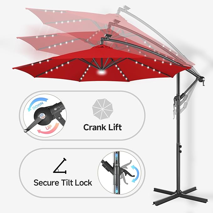Solar Offset Patio Umbrella - 10 ft Solar Cantilever Umbrella Outdoor with 40 LED Lights and Cross Base, UV Protection for Garden, Deck, Backyard, Pool, Porch (Red)