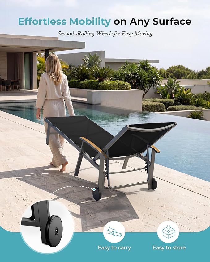 Ciokea Outdoor Lounge Chair with Pillow Set of 4, 5-Position Chaise Lounge with Wheels & Armrests, 400 lbs Heavy Duty Aluminum Pool Lounge Chairs, for Beach, Deck, Poolside & Backyard, Black