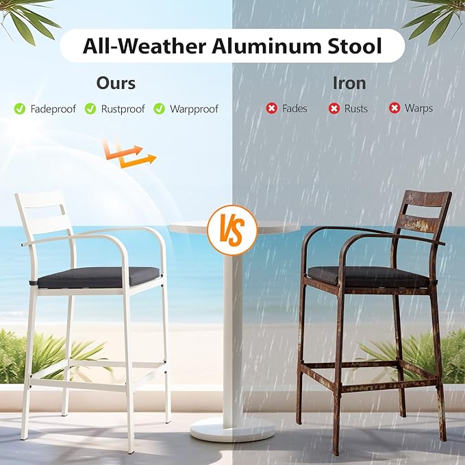 VINGLI 3-Piece Outdoor Bar Set, Aluminum Bar Height Table & 2 Chairs with Cushions, Counter Height Patio Furniture for Backyard, Poolside, Garden, Bistro, Indoor Outdoor Use (White)