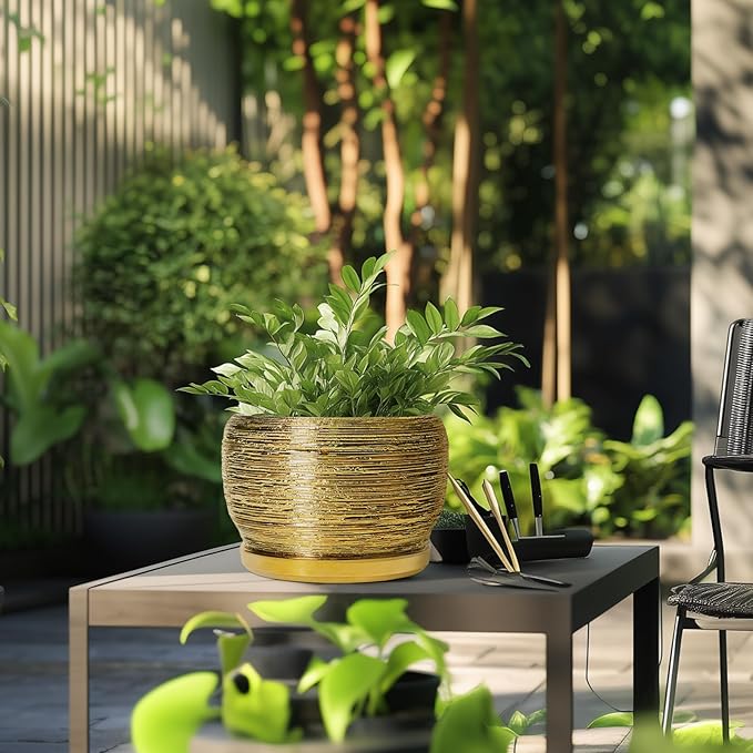 SQOWL Ceramic Planter for Indoor Plants - 10 Inch Plant Pot with Drainage Hole and Saucer, Modern Round Planter Outdoor, Large Decorative Flower Pot, Apartment Decor, Birthday Gifts, Gold