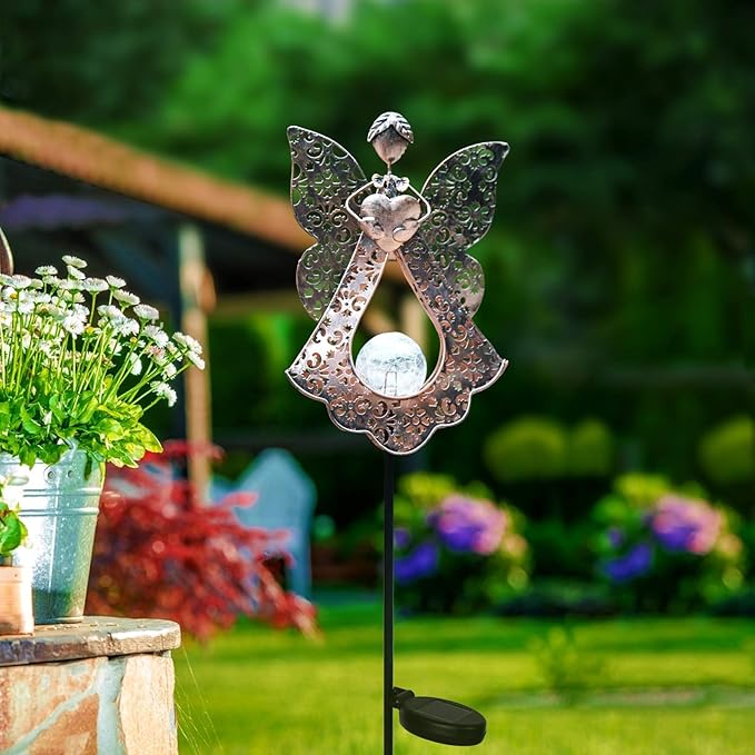 KAIXOXIN LEDs Solar Stake Lights for Garden Metal Warm White, Memorial Gift - Perfect as Remembrance & Sympathy Gifts (Angel-Bronze) (Angel)