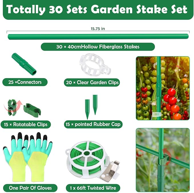 Cludoo 94PCS Garden Stakes Set with 30 Sets Fiberglass Plant Stakes Sticks Supports and Accessories, DIY 4ft 5ft 6ft 7ft Tomato Stakes for Tomato,Vegetables, Pepper, Indoor Outdoor Spring Plants