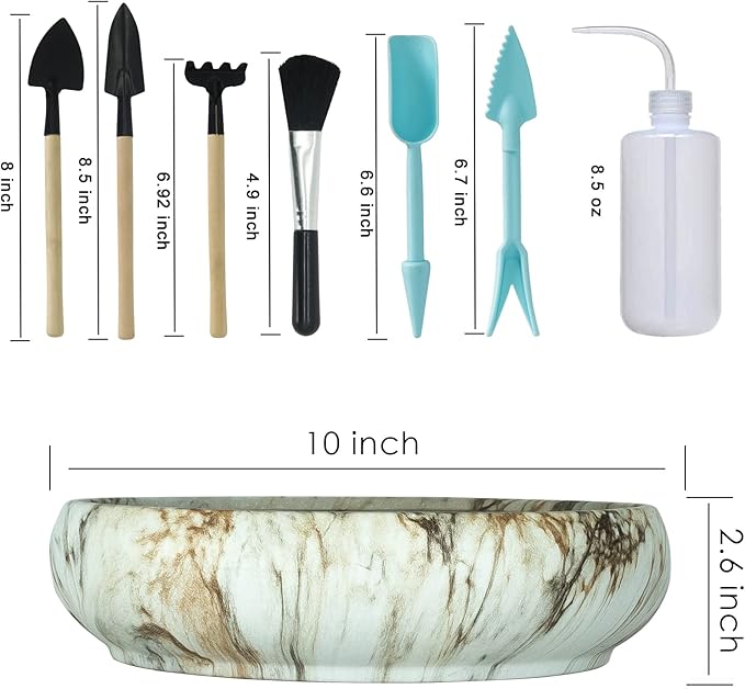 Succulent Pots with Drainage, 10 Inch Large Succulent Planters with 2.2lb Mix Pebbles, Planting Tools Set for Beginner, Shallow Marble Bonsai Pot with Stand Ceramic Pot for Indoor Cactus Flower Plants