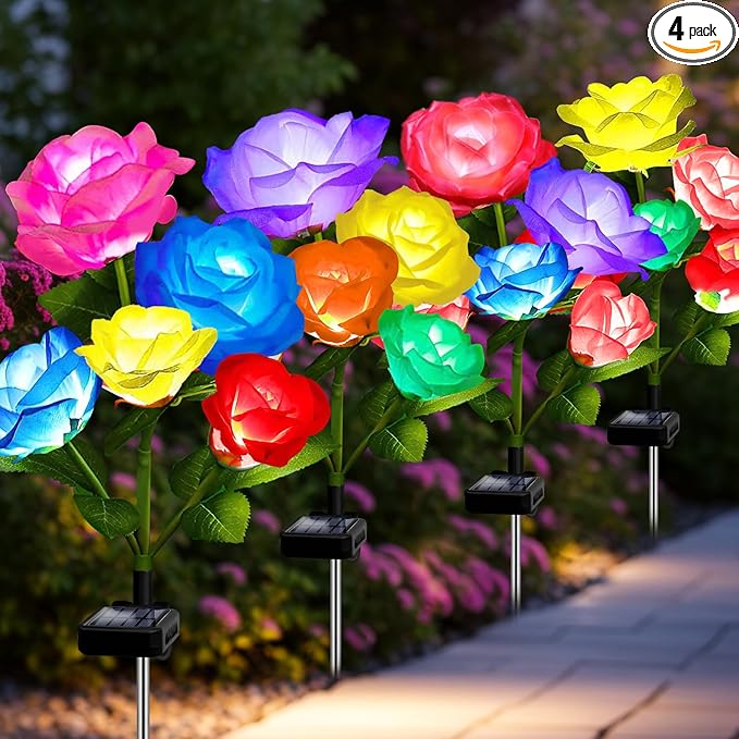 Mothers Day Gifts Solar Garden Decor Outdoor Lights, 4 Pack Waterproof Garden Lights for Outside, 16 Solar Rose, Multi-Color Changing Solar Flower Decor for Yard, Patio, Gifts for Women (7-Color Rose)