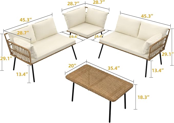 DWVO Patio Furniture Set, 4 Pieces Outdoor Patio Conversation Set, All-Weather PE Rattan Sectional L-Shaped Sofa with Soft Cushion and Side Table for Backyard, Porch, Boho Detachable Lounger (Beige)
