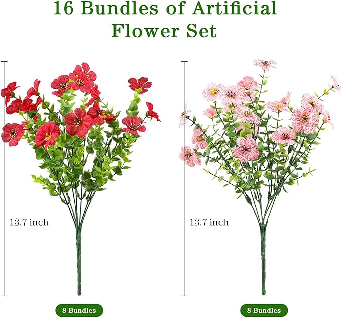 AGIRL 16 Bundles Artificial Flowers for Outdoor,No Fade Fake Plastic Flowers Faux Plants for Hanging Planters Decoration Indoor Outside Garden Porch Window Box Home Wedding