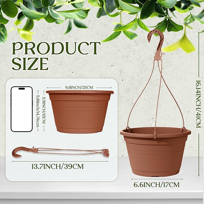 VIDELLY 4 Pcs Hanging Planters for Indoor Plants,10" Large Plastic Hanging Basket with Drainage Trays & Chain Holder for Outdoor Indoor Plants Garden Balcony Decoration, Brown