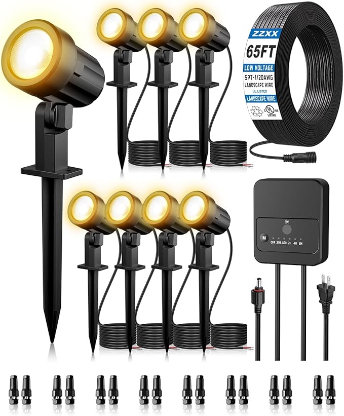 ZZXX 8 Pack Low Voltage Landscape Lights with Transformer and 65FT Wire 12-24V LED Landscape Lighting Kit 2700K Waterproof Landscape Spotlights with Connectors for House Yard Tree Garden