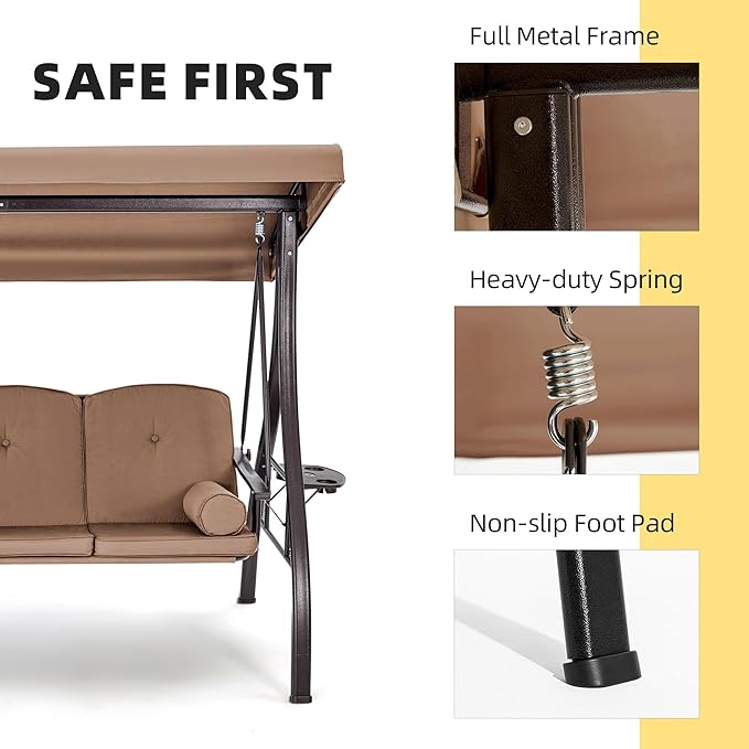 HOMREST 3 Seat Outdoor Porch Swing with 1.5" Deepened Cup Holder, Adjustable Canopy, Patio Swing Bed with Stand, Patio Glider Swing with Thicken Cushions, Pillow for Yard, Garden(Brown)