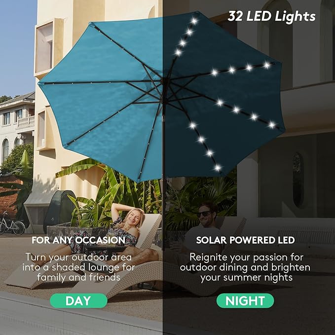 JEAREY 9FT Outdoor Patio Umbrella with Solar Lights, LED Lighted Pool Umbrella with Tilt and Crank, Outdoor Table Umbrellas for Deck, Yard & Market (Lake Blue)