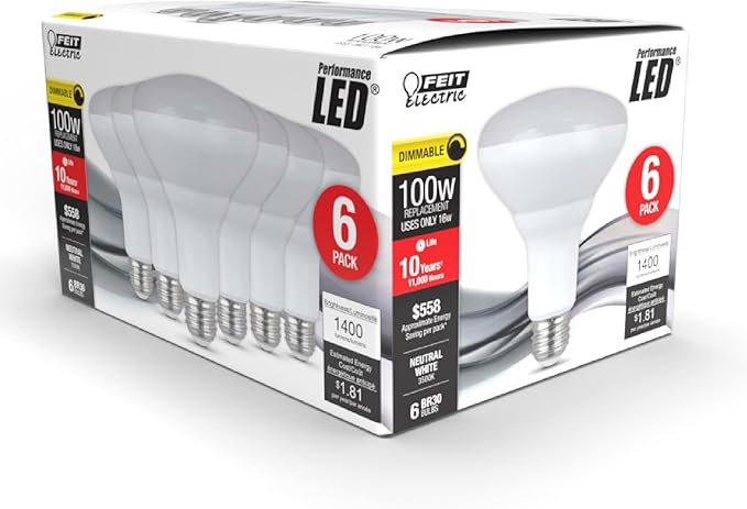 Feit Electric BR30 LED Light Bulbs, 100W Equivalent, Dimmable, E26 Standard Base, 80 CRI, 1400 Lumens, 3500K Neutral White, 120V, 10 Years Lifetime, Damp Rated, 6 Pack, 100BR30DM83510KLED/6
