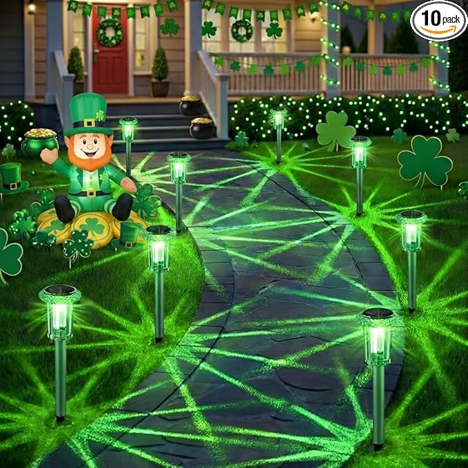 Solar Outdoor Lights, St Patricks Day 10 Pack Solar Pathway Lights Outdoor Waterproof, Stainless Steel Stake Lighting for Garden Yard Path Walkway Driveway Patio Lawn Outside Décor,Green
