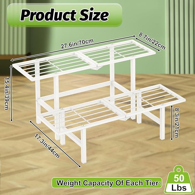 2 Tier Metal Plant Stand Outdoor Indoor, Separated Tiered Outdoor Folding Plant Shelf, Ladder Plant Stands Display Rack for Garden Window, 8.3/15.4'' Tall (White)
